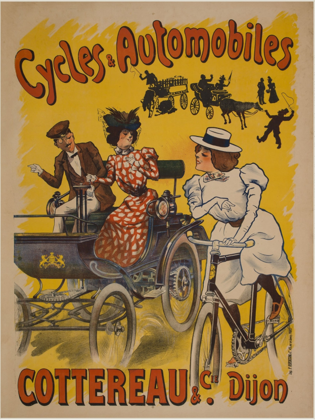 Plakat Ankündigung von Fahrrädern und Automobilen in Cottereau und Dijon, Frankreich, zeigt Menschen auf Fahrrädern und eine Kutsche mit "Fahrräder und Automobile" oben.