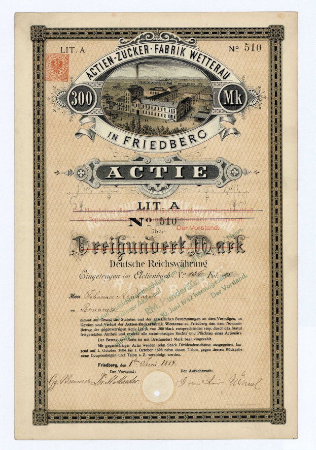 Alter deutscher Aktienchein mit einer Gebäudeillustration und Text, der wahrscheinlich eine aktive Aktie angibt.