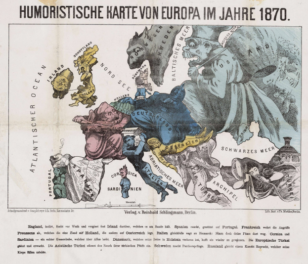Plakat mit der Aufschrift "Humoristische Karte von Europa im Jahre 1870" mit einer Karte von Europa umgeben von Karikaturen.