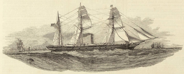 Eine Gravur eines Segelschiffs, das auf dem Meer segelt, mit geblähten Segeln und einem glänzenden Rumpf, andere Schiffe im Hintergrund und Text unten.