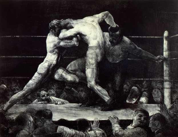 Schwarze und weiße Zeichnung von zwei Boxern in einem Ring, die sich gegenseitig mit Faustschlägen traktieren, während eine jubelnde Menge zuschaut.