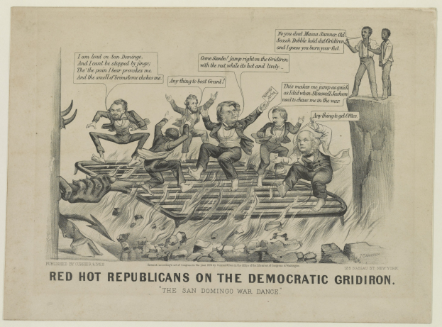 Eine Zeichnung auf Papier zeigt rote Figuren, die als 'Republikaner' bezeichnet werden, auf einem blauen Gridiron, mit besorgten Gesichtern und erhobenen Armen, begleitet von fetter schwarzer Schrift.