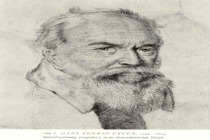 Ein Schwarz-Weiß-Zeichnung von Hans Konrad Gyger, einem deutschen Philosophen mit langem Bart, mit Text unten.