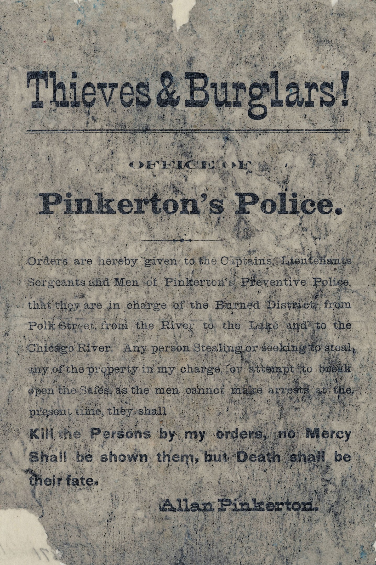 Ein Plakat mit fetter schwarzer Schrift, die "Thieves & Burglars Pinkerton's Police" lautet, auf einem weißen Hintergrund, eingerahmt von einem schmalen schwarzen Rand.