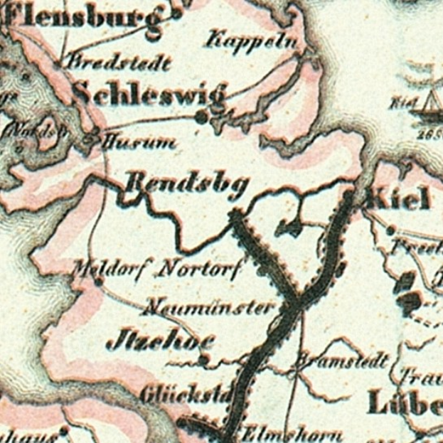 Detailiertes altes Stadtplan von Schleswig-Holstein mit Straßen, Gebäuden und Sehenswürdigkeiten sowie zusätzlichem Text zu Bevölkerung, Straßen und bemerkenswerten Merkmalen.