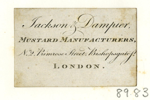 Eine alte Visitenkarte mit der Aufschrift "Jackson & Damper Senfhersteller, Nr. 2, Primrose Street, Bishopgate, London."