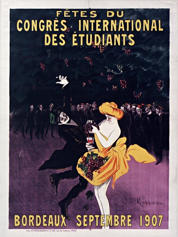 Plakat aus dem Jahr 1907 für eine Weinprobe in Bordeaux, Frankreich, mit einer Frau in gelbem Kleid, die ein Weinglas hält und von einer Gruppe Menschen umgeben ist.
