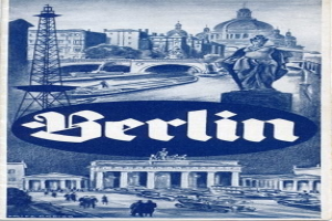 Plakat, das Berlin, Deutschland bewirbt, zeigt eine Statue, historische Gebäude, einen Turm, Menschen, Fahrzeuge auf einer Straße und eine Brücke, mit Text, der Stadtinformationen enthält.
