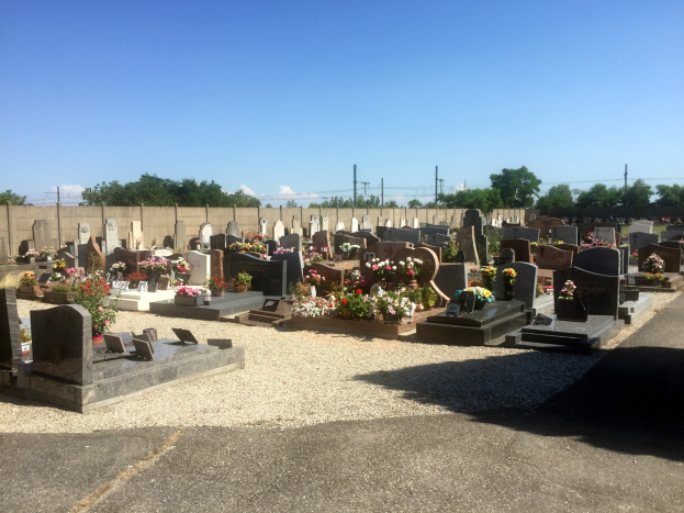 Ein Friedhof mit zahlreichen von Blumen geschmückten Grabsteinen, einer fernen Wand, darüber verlaufenden Stromleitungen, verstreuten Bäumen und einem bewölkten Himmel.