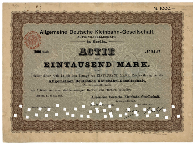 Altes deutsches Wertpapier mit gedrucktem Text und einem offiziellen Stempel.