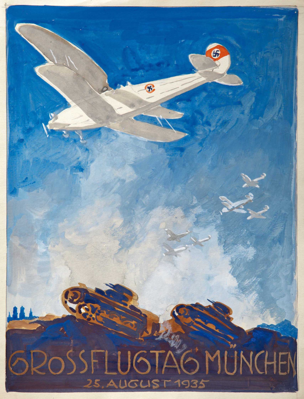 Plakat für eine Luftschau in München am 25. August 1935, das ein fliegendes Flugzeug mit anderen Flugzeugen im Hintergrund zeigt.