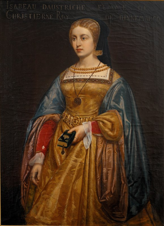 Gemälde von Isabella daustriche in einem goldenen Kleid mit feinen Details, ihr Haar zu einem ordentlichen Knoten gebunden, von Christierne Roy, dargestellt mit zarten Zügen, friedlichem Ausdruck und königlicher Haltung.