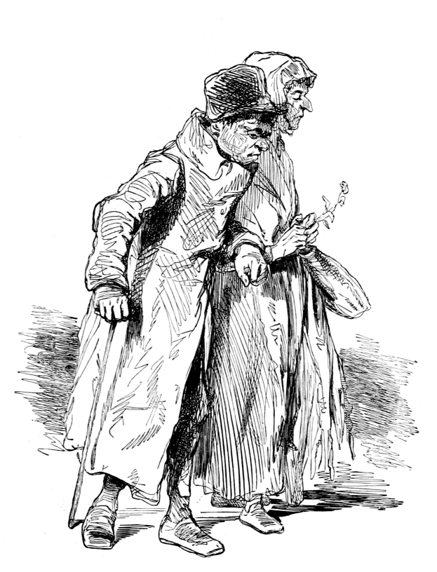 Alter Mann mit Hut und alte Frau mit einem Gegenstand in der Hand auf einer Straße in einem Schwarz-Weiß-Foto.