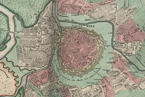 Ein alter Stadtplan von Wien, Deutschland, der Straßen, Gebäude und Sehenswürdigkeiten in detaillierter Weise zeigt.