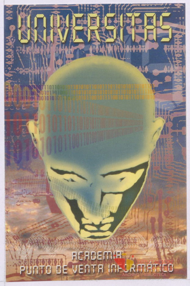 Plakat mit einem kahlköpfigen Mann mit einem breiten, geschlossenenäugigen Lächeln, umgeben von Text und Zahlen, mit "Universitas" in fetter schwarzer Schrift.