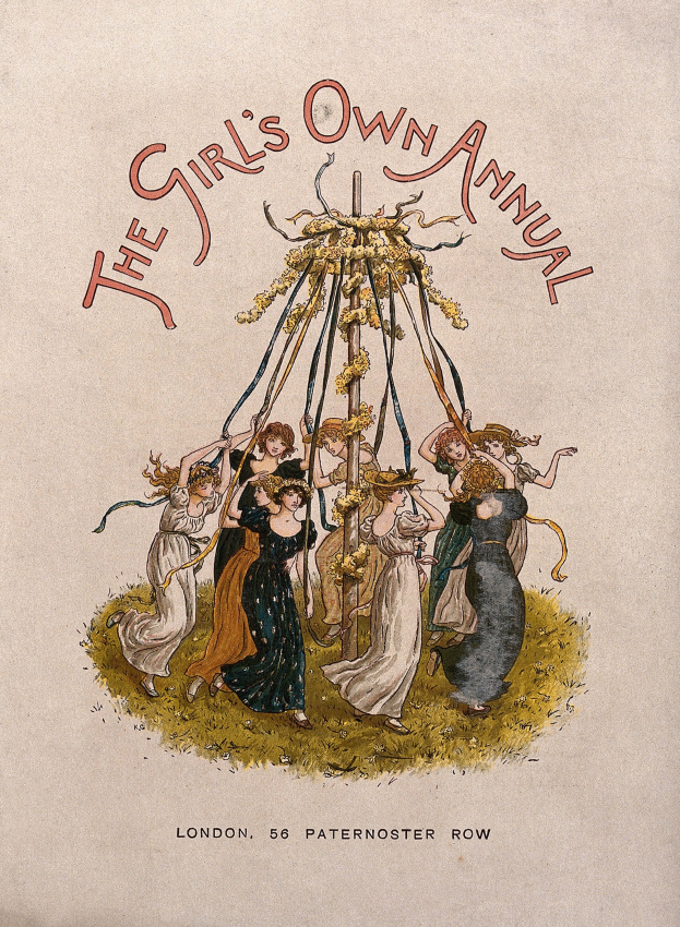 Eine Schwarz-Weiß-Illustration aus dem 'Girl's Own Annual', die Kinder in bunten Kleidern zeigt, die um einen geschmückten Maibaum tanzen.