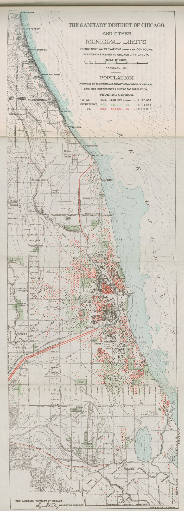 Schwarz-weiß-Karte des Sanitärbezirks von Chicago, die die städtischen Grenzen und beschrifteten Text zeigt.