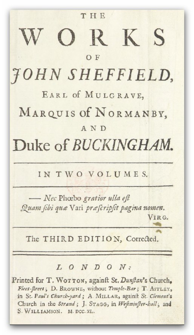 Zeitung mit der Überschrift "Die Werke von John Sheffield, Earl of Mulgrave, Marquis of Normanby, Duke of Buckingham" darauf gedruckt.