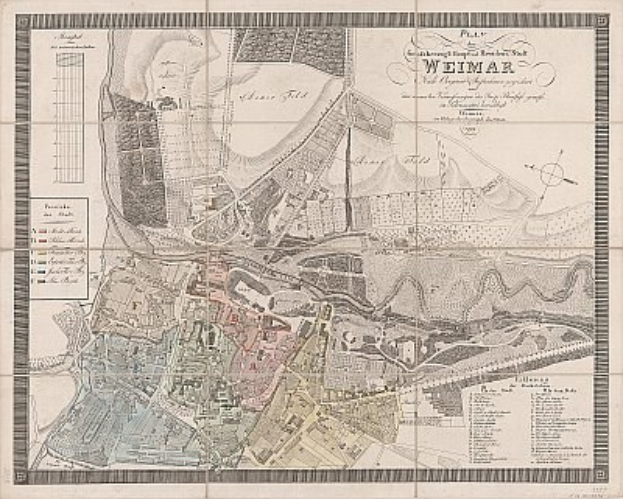 Ausführliche alte Karte von Weimar, Deutschland, die Straßen, Gebäude und Sehenswürdigkeiten zeigt, mit begleitendem Text über die Bevölkerung und Merkmale der Stadt.