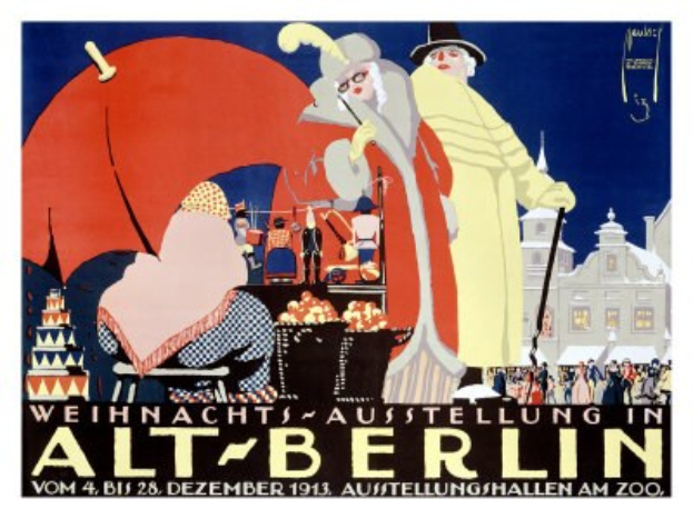 Plakat zur Ankündigung einer Weihnachtsausstellung in Alt-Berlin mit leuchtenden Illustrationen von Menschen, Gebäuden und Gegenständen und dem Text "Weihnachtsausstellung in Alt-Berlin" oben.