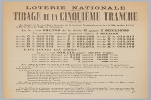 Ein Lotterielos mit der Aufschrift "Loterie Nationale Tirage de la Cinquième Tranche" und gedruckten Zahlen, die einen Gewinnwert angeben.