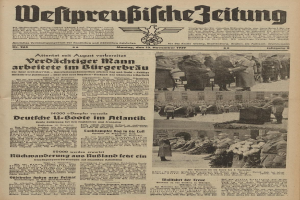 Schwarze Titelseite einer deutschen Zeitung vom 13. November 1939 mit der überschrift 'Weitpreubliche Zeitung', die eine Gruppe von Menschen in traditioneller deutscher Tracht in einer feierlichen Umgebung zeigt.