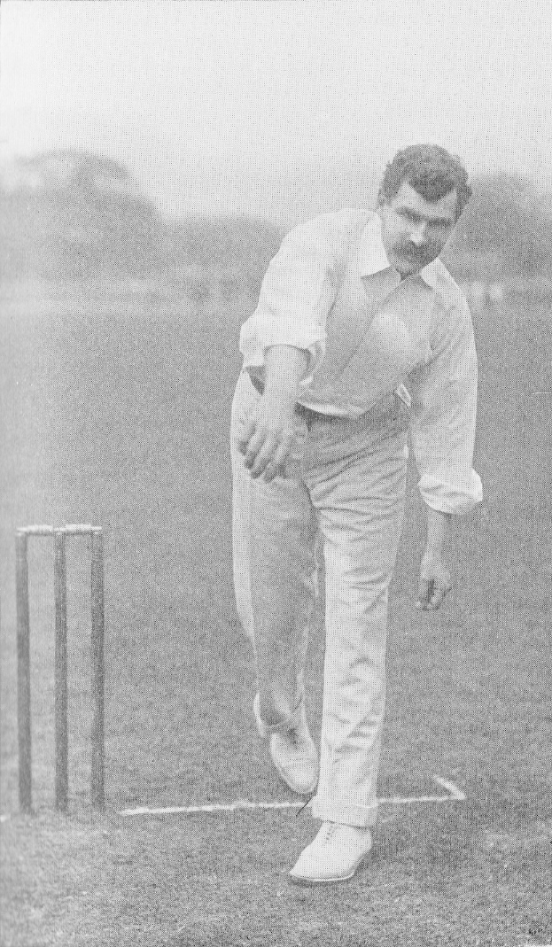 Ein Mann in weißem Hemd und Hose spielt Cricket mit Wickets auf dem Boden, umgeben von Bäumen und Himmel, mit dem Text "Cricket Player of the Year" unten.