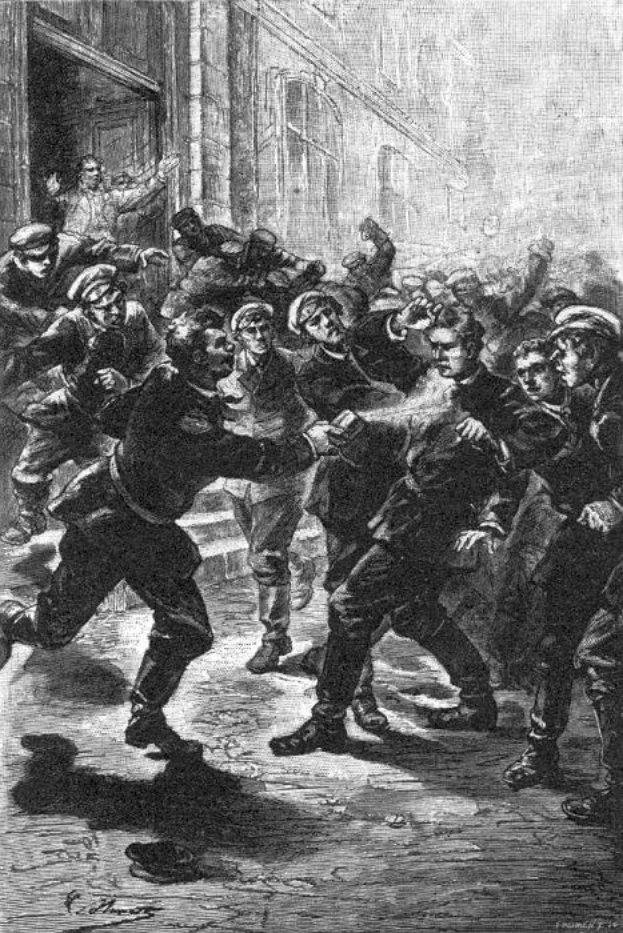 Schwarze und weiße Illustration einer gewaltsamen Straßenschlacht zwischen Gruppen von Männern, mit einem Gebäude im Hintergrund und Text, der unten "Victorian riots in London, England" lautet.