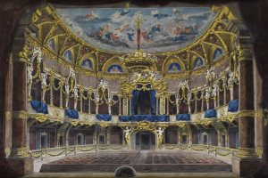Ein Gemälde eines Theatersaals mit einer prächtigen, kunstvoll verzierten Decke, verzierten Wänden mit Säulen, Geländern und Vorhängen und einem Teppichboden, gekrönt von einem zusätzlichen Gemälde.