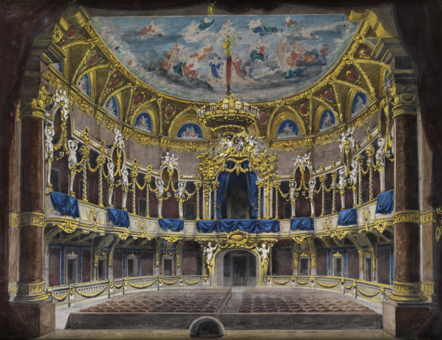 Ein Gemälde eines Theatersaals mit einer prächtigen, kunstvoll verzierten Decke, verzierten Wänden mit Säulen, Geländern und Vorhängen und einem Teppichboden, gekrönt von einem zusätzlichen Gemälde.