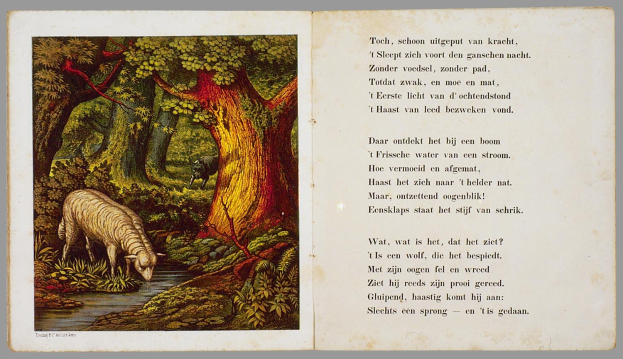 Offenes Buch mit einer Illustration eines Schafs, das in einem bewaldeten Gebiet mit Bäumen, Pflanzen und Wasser grast, zusammen mit dem betitelten Text "Die Geschichte des Schafs" auf der rechten Seite.