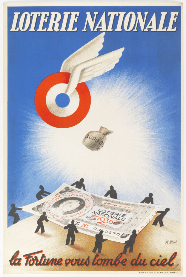 Plakat für eine nationale Lotterie mit einem Bild eines Vogels, der über einen Geldhaufen fliegt, und Werbetext.
