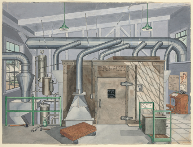 Ein detailliertes Linienbild eines industriellen Fabrikinneren mit einer zentralen Maschine, umgeben von Maschinen, Rohren, einer Tür, einem Wagen, einem Tisch, einem Stuhl, einer Schultafel mit der Aufschrift "American Foundry Equipment Co, Indiana", Fenstern und Deckenleuchten.