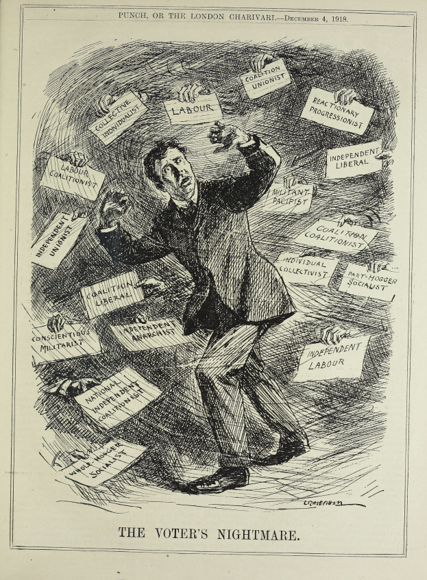 Ein Blatt Papier mit einer Zeichnung eines Mannes in Anzug und Krawatte, der ein Schild hält, auf dem steht "Der Wähleralbtraum" und einen entschlossenen Gesichtsausdruck hat.