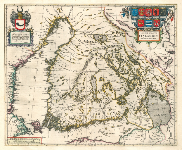 Ein detaillierter Kartenausschnitt von Finnland und Schweden, der geografische Merkmale wie Flüsse, Berge und Städte zeigt, mit Text und Logos oben und unten.