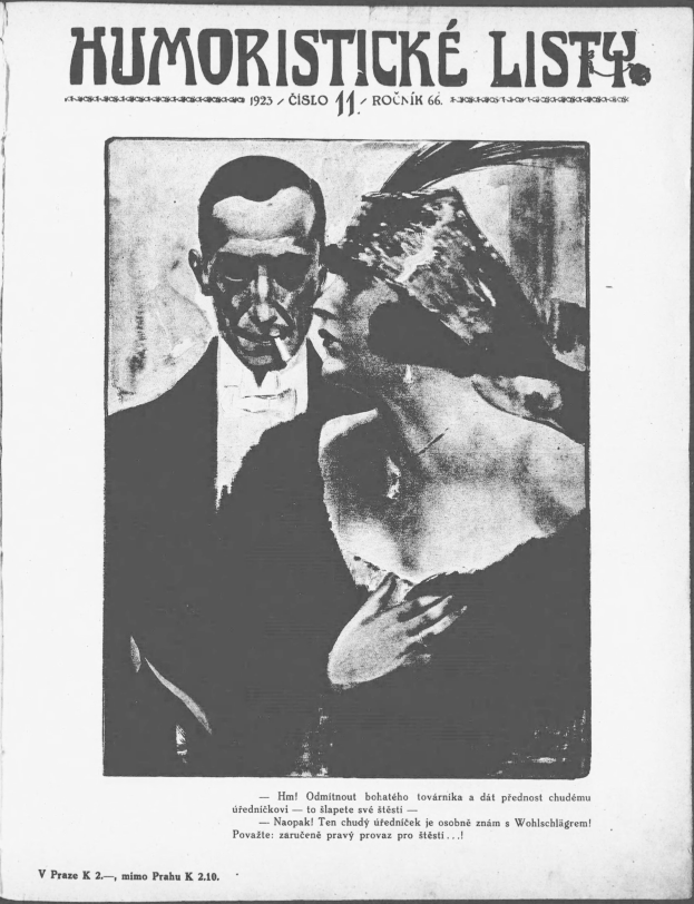 Schwarze und weiße Zeitschriftentöter mit der überschrift 'Humoristische Liste', die einen Mann in einem Anzug mit ernster Miene und eine Frau zeigt, die wegsieht und schmunzelt.