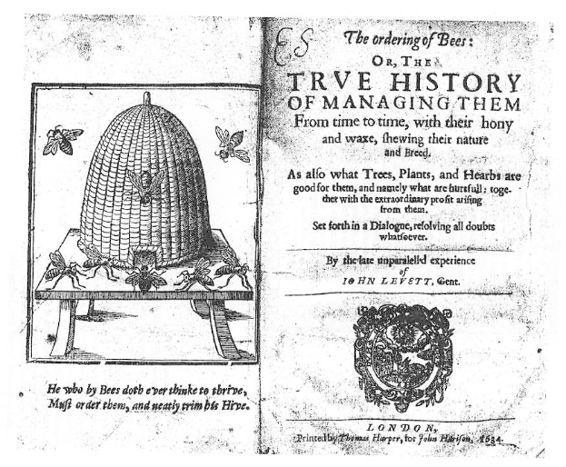Altes Buch mit dem Titel "Die Bienenordnung oder die wahre Geschichte des Umgangs mit ihnen" mit einer Bienenstock-Illustration und umgebenen Insekten.