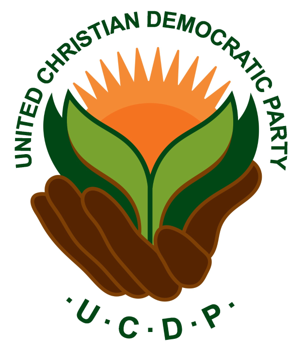 Logo der Vereinigte Christdemokratische Partei (UCDP): eine Hand, die eine leuchtend gelbe Blume mit einem grünen Stiel und Blättern hält, vor einem weißen Hintergrund mit einem blauen und gelben Kreis, und der Text "UCDP" in fetter schwarzer Schrift darunter.