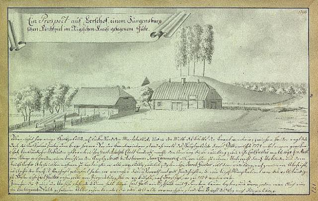 Ein vergilbtes Dokument mit der Überschrift "Surgensburg, Deutschland - Landschaft eines Hofes" zeigt eine ländliche Szene mit einem zentralen Bauernhof, umgeben von Häusern, Bäumen und einem Himmel.