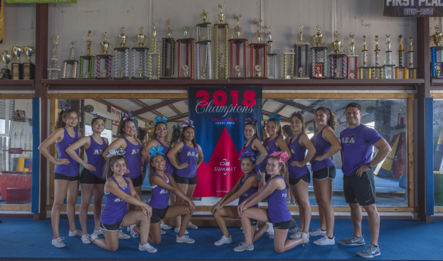 Gruppe von Cheerleadern in lila T-Shirts und schwarzen Shorts, die vor einem Vitrinenschrank mit einer "2018 Summit Cheerleading Champions"-Aufschrift posieren.