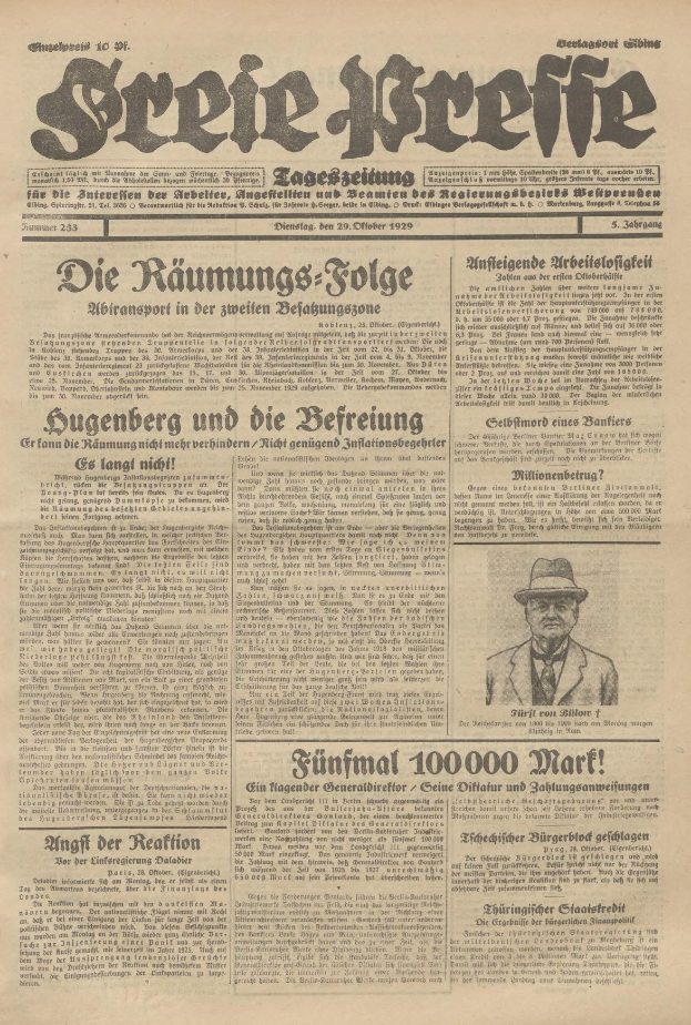 Alte deutsche Zeitung vom 29. September 1929 mit einem Schwarz-Weiß-Foto eines Mannes in Anzug und Krawatte, der einen Hut trägt, mit der Schlagzeile "Sugenberg und die Defreiung."