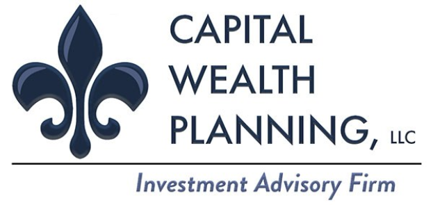 Logo der Capital Wealth Planning, LLC, einer Investmentberatungsfirma: ein blauer Kreis mit weißer Umrandung und einem weißen 'C' in der Mitte, umgeben von einem weißen Ring mit 'Capital Wealth Planning' in blau und 'Investment Advisory Firm' in weiß darunter.
