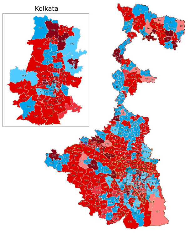 Eine Karte von Kolkata, Indien, farblich kodiert, um den Prozentsatz der Menschen zu zeigen, die in der Stadt leben, mit der Überschrift "Kolkata Wahl-Ergebnisse" oben.