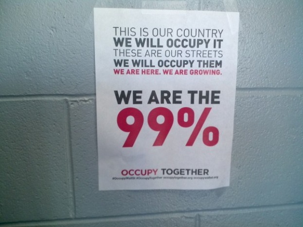 Plakat an einer Wand mit fetter schwarzer Schrift, die 'Occupy Wall Street' und 'Wir sind die 99%' lautet.