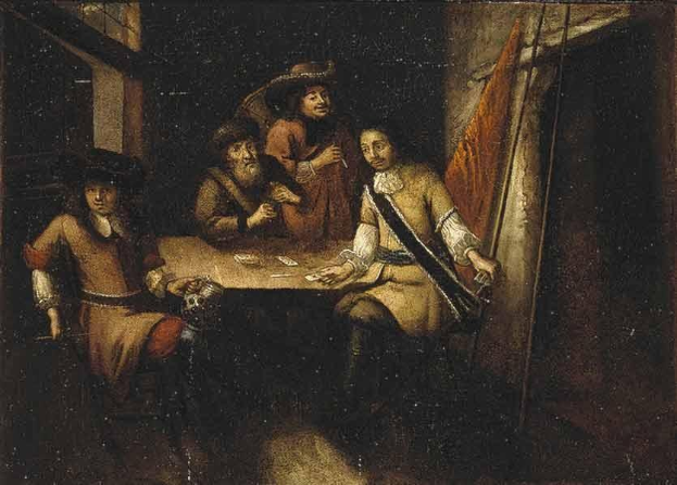 Gemälde 'Das Kartenspiel' von Rembrandt van Rijn zeigt Menschen beim Kartenspielen an einem Tisch in einer Schenke, mit einem Vorhang und einem Fenster rechts.