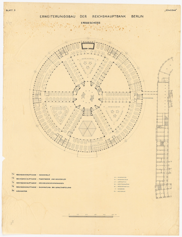 Ein detailliertes architektonisches Zeichnung des runden Reichshauptbank-Gebäudes in Berlin, Deutschland, mit zahlreichen Fenstern und einem beschrifteten Layout-Diagramm.