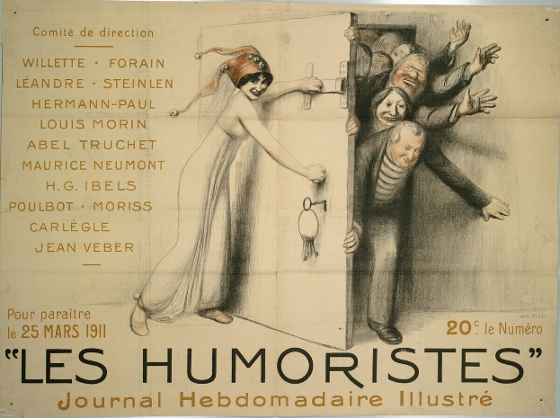Ein Plakat an einer Gebäudewand mit einer Gruppe lachender, fröhlicher Menschen und dem Text "Les Humoristes Journal Hebdomadaire Illustré" in fetter Schrift oben.