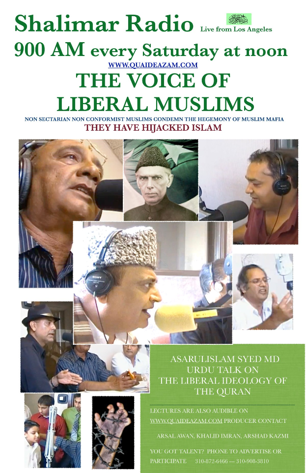 Plakat, das "Die Stimme der liberalen Muslime"-Radioshow bewirbt, zeigt Bilder von Menschen mit Headsets und Mikrofonen in einem Gespräch.
