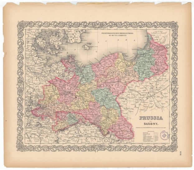 Alte Karte der preußischen und sächsischen Provinzen mit sichtbaren Grenzen, auf altem Papier gedruckt.
