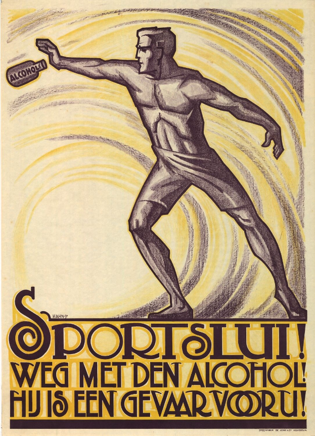 Ein Mann mit einer Flasche Alkohol in der Hand, mit Text, der ihn und den Alkohol beschreibt, auf einem Plakat.